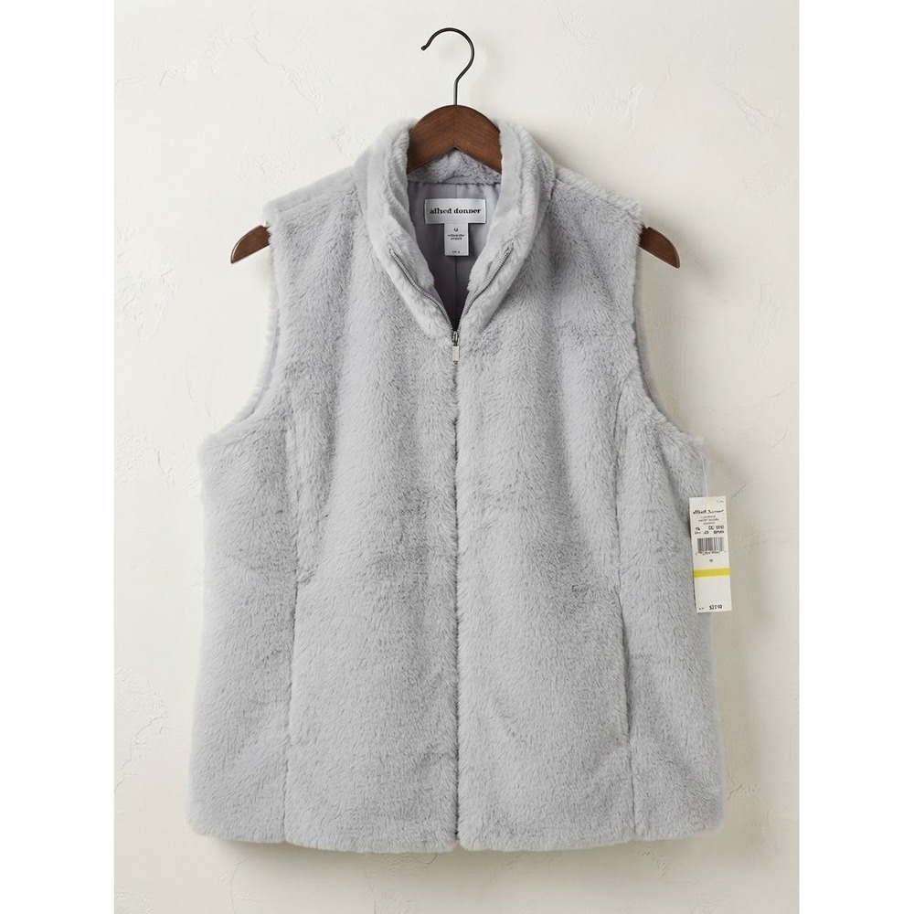 Alfred Dunner Womens Faux Fur Vest Light Pewter Gray Zip Front Stockbridge M NEW